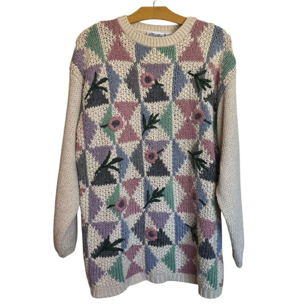 The Villager Vintage Crochet Granny Square Sweater 3D Knit Flowers Pastel Size L